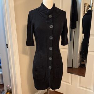 WHBM Black With Metallic Thread Button-Up Sweater Dress